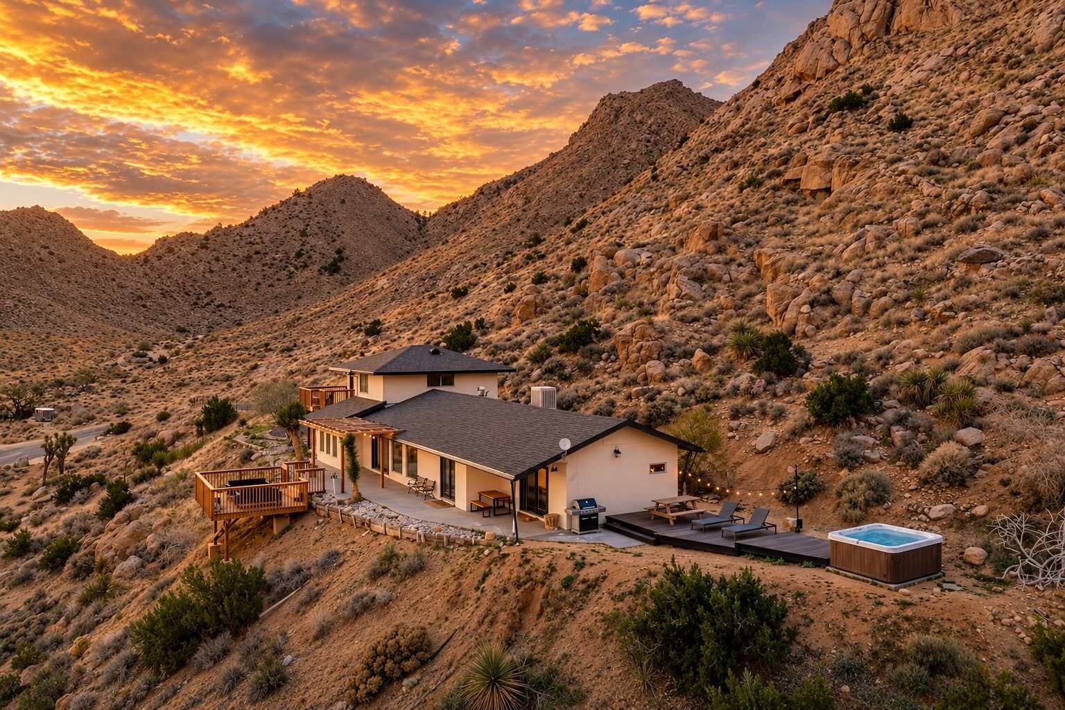 Une maison à deux étages dotée d’une terrasse, d’un jacuzzi et d’un espace patio.