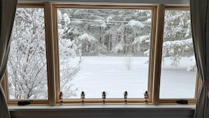 A window with a view of a snowy landscape. - Charming Berkshire Bungalow: Deck, Firepit, Stargazing (Egremont)