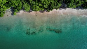 An aerial view of a beach with clear turquoise waters, sandy shore, and dense green foliage. - House Reserva Conchal Llama del Bosque (Cabo Velas)