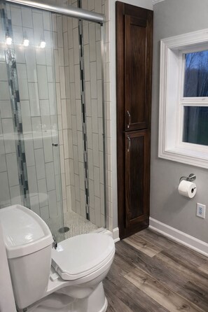 Regadera, secadora de cabello, toallas, jabón 