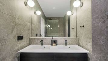 Shower, hair dryer, shampoo