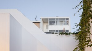 Une structure architecturale moderne dotée d’un mur incurvé, d’un escalier et d’un petit espace jardin.