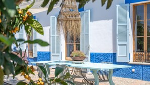 Ein Tisch mit Stühlen, eine Hängetasche mit Pflanzen und ein Gebäude mit blauen Fensterläden und weißen Wänden.