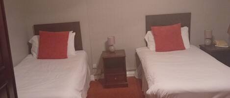 A hotel room with two beds, each with white bedding and red pillows, a small bedside table with a lamp, and a red carpet.