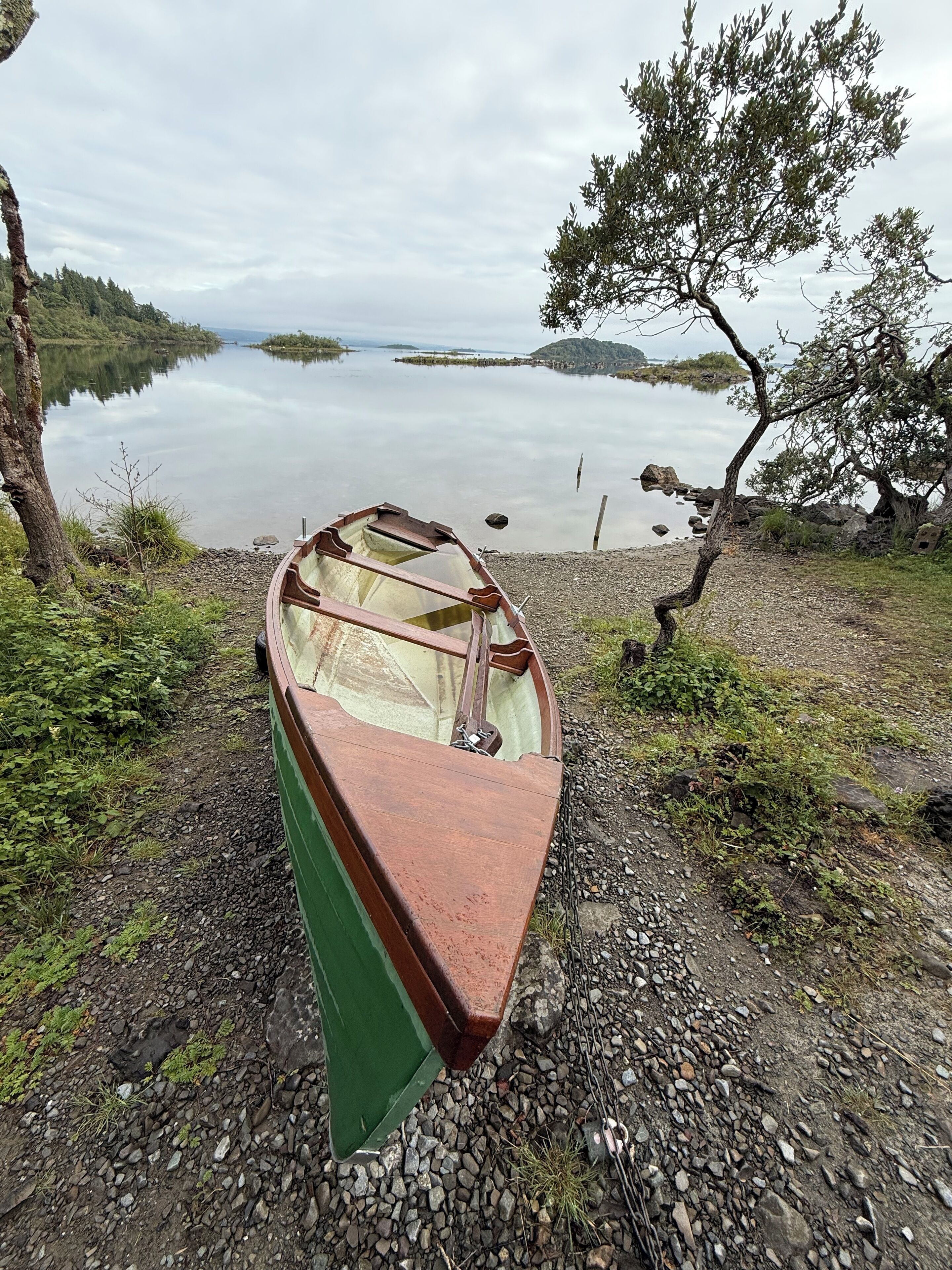 A small boat parked on a rocky shore by a calm lake with a tree in the background.