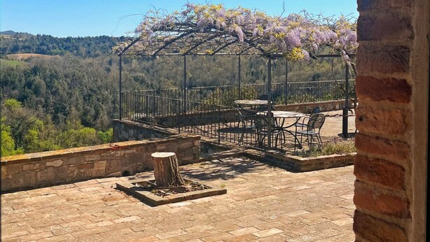 A patio with outdoor seating, a pergola with flowering vines, and a view of a forested hillside. - Podere Sole - “Alba” - Private apartment in a farmhouse with vineyards and nature in Tuscany (Trequanda)