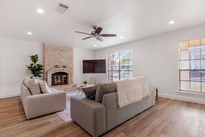 TV, fireplace, offices