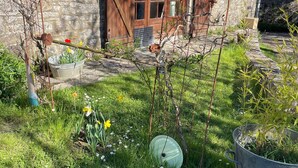 Un edificio rustico in pietra con persiane di legno e un giardino ricco di piante e fiori.