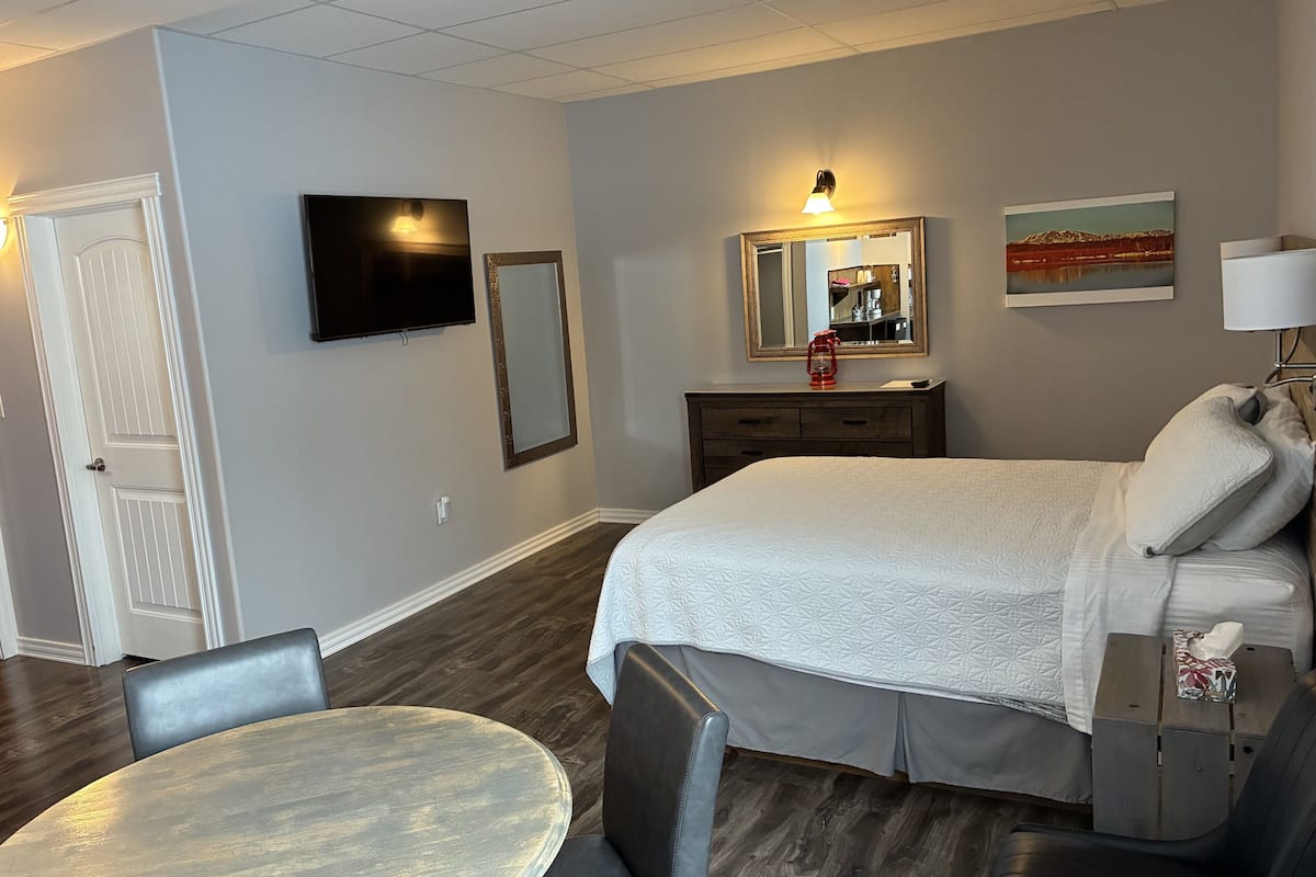 Habitación de hotel con cama, escritorio, silla, televisor, espejo y un cuadro en la pared.