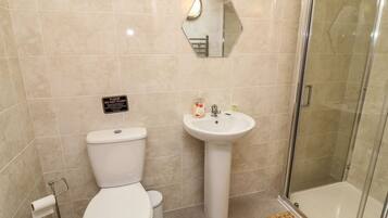 A bathroom with a toilet, sink, and glass shower enclosure.