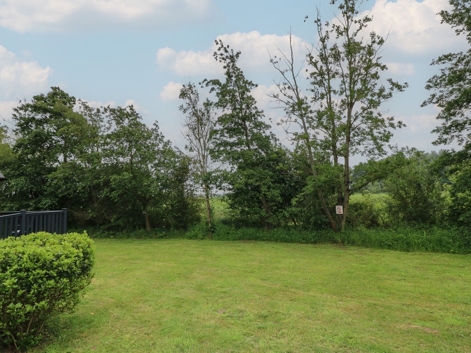 A grassy area with trees and a sign.