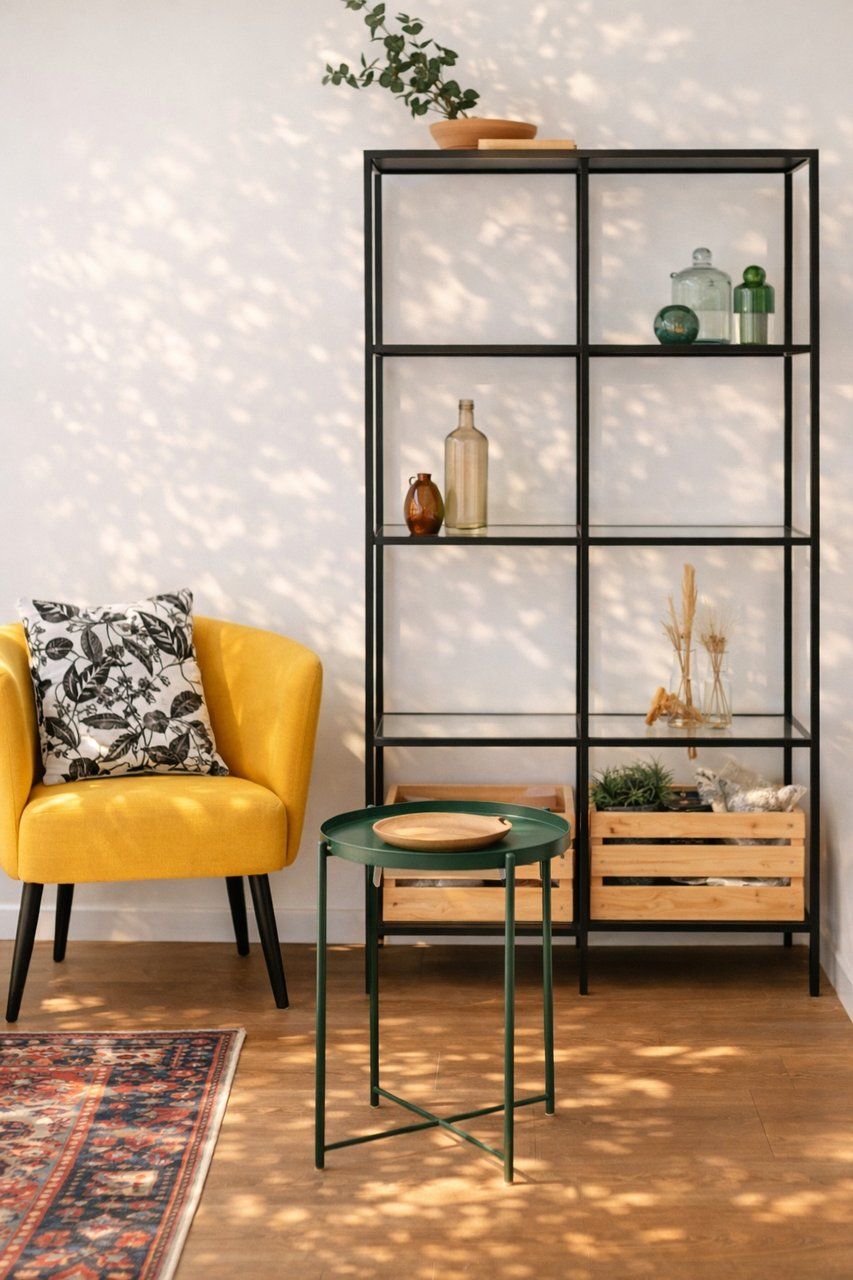 A room with a yellow armchair, a black metal bookshelf, and a small wooden table.