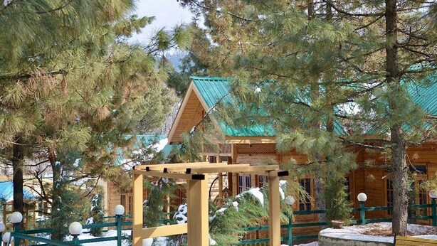 Una cabaña de madera con techo verde, rodeada de árboles cubiertos de nieve y una cerca de madera.