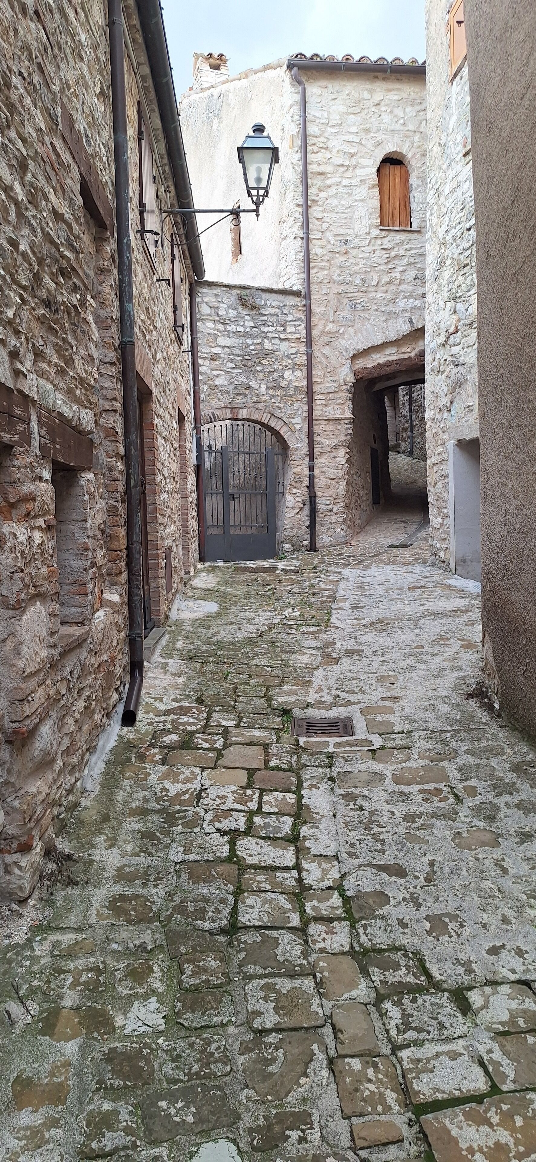 A narrow stone-paved alleyway with a wooden gate and a lantern post.
