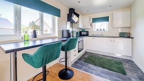 A modern kitchen with white cabinets, a black countertop, and a green rug. - Lodge 22 - Olive (Brigg)