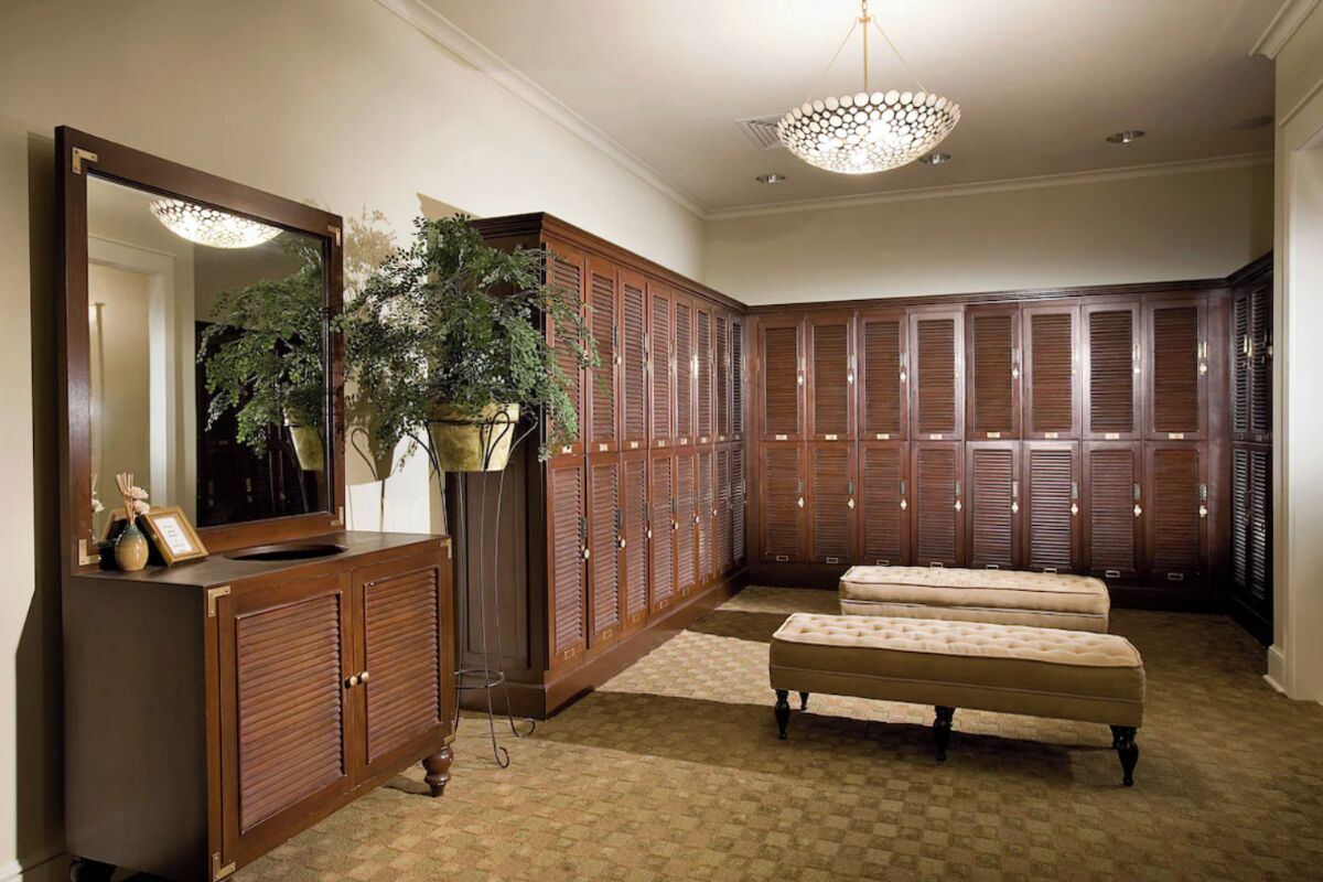 A room with a large mirror, a potted plant, a bench, and a row of lockers.