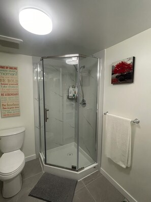 Een douche, een haardroger, handdoeken, zeep
