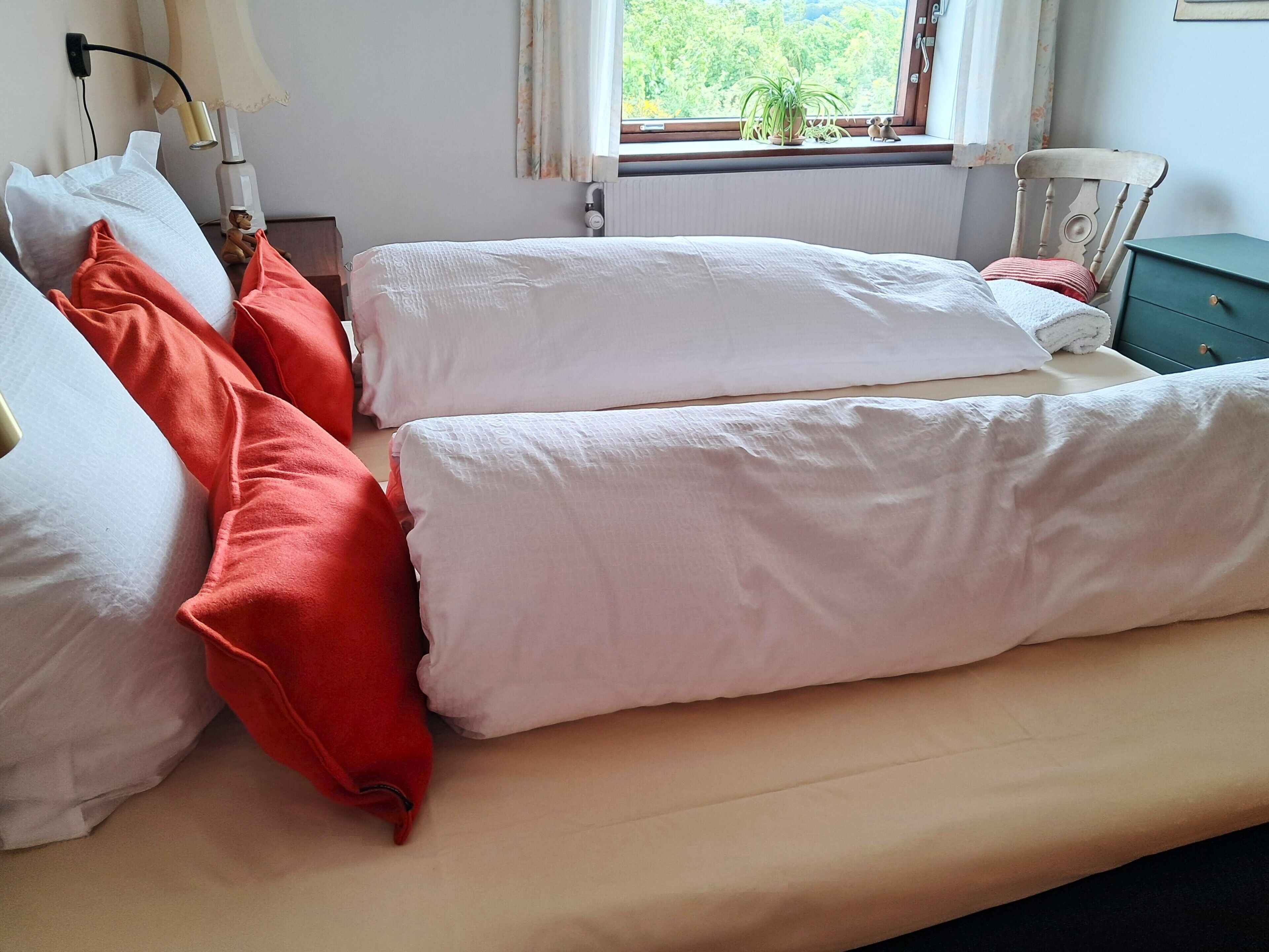 A double bed with white and red pillows, a small bedside table, a nightstand, a lamp, and a window with a view of greenery.