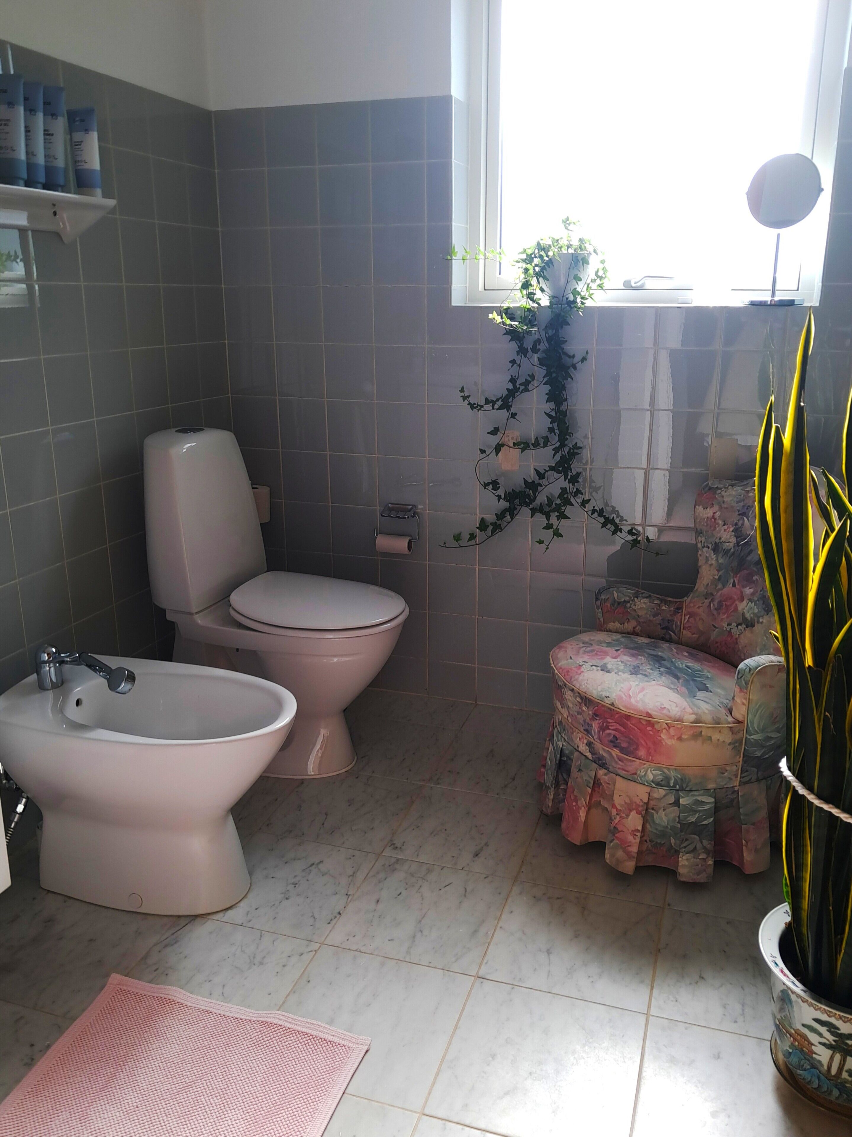 Une salle de bain comprenant des toilettes, un bidet et un lavabo. Il y a une fenêtre avec une plante sur le rebord, un petit tabouret et une plante en pot.