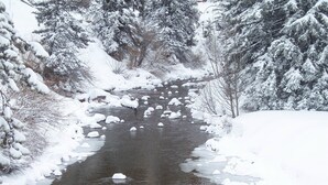 Ein mit Schnee bedeckter Fluss mit Eisformationen, umgeben von Bäumen und einer Holzbrücke.