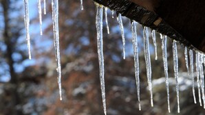 Eiszapfen hängen von einer Holzfläche ab.