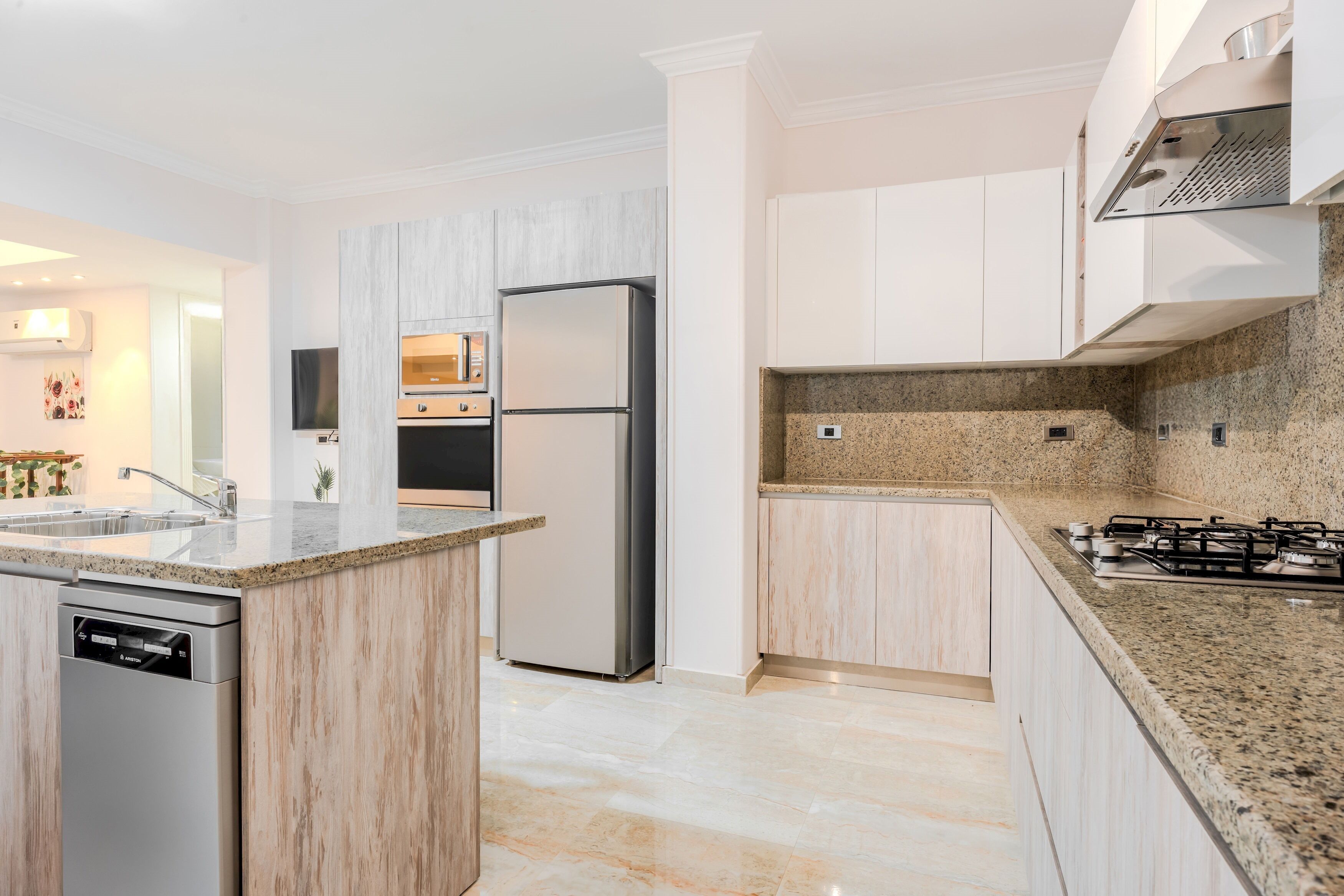 Fridge, dishwasher, cookware/dishes/utensils