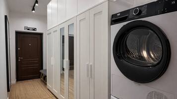 Une buanderie équipée d’un lave-linge à chargement frontal, d’une porte en bois et d’un meuble avec une porte-miroir.