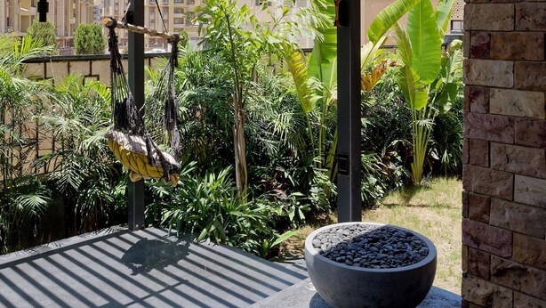 Área externa coberta com arranjo de plantas pendente, um vaso de pedra e vista para edifícios ao fundo.