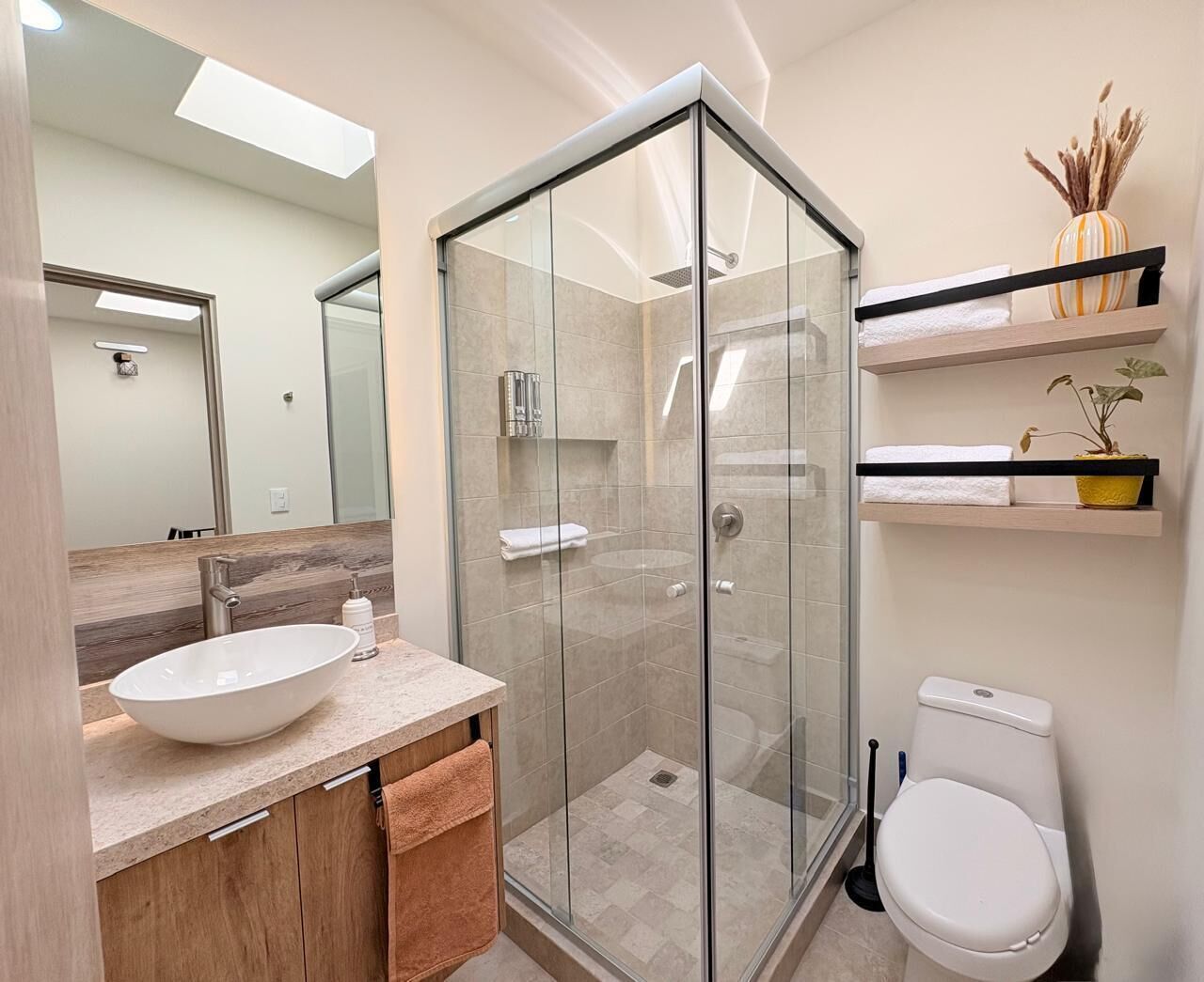 A modern bathroom with a glass-enclosed shower, a white sink, and a toilet.