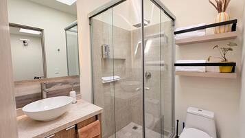 A modern bathroom with a glass-enclosed shower, a white sink, and a toilet.