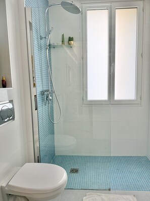 Douche, sèche-cheveux, serviettes fournies