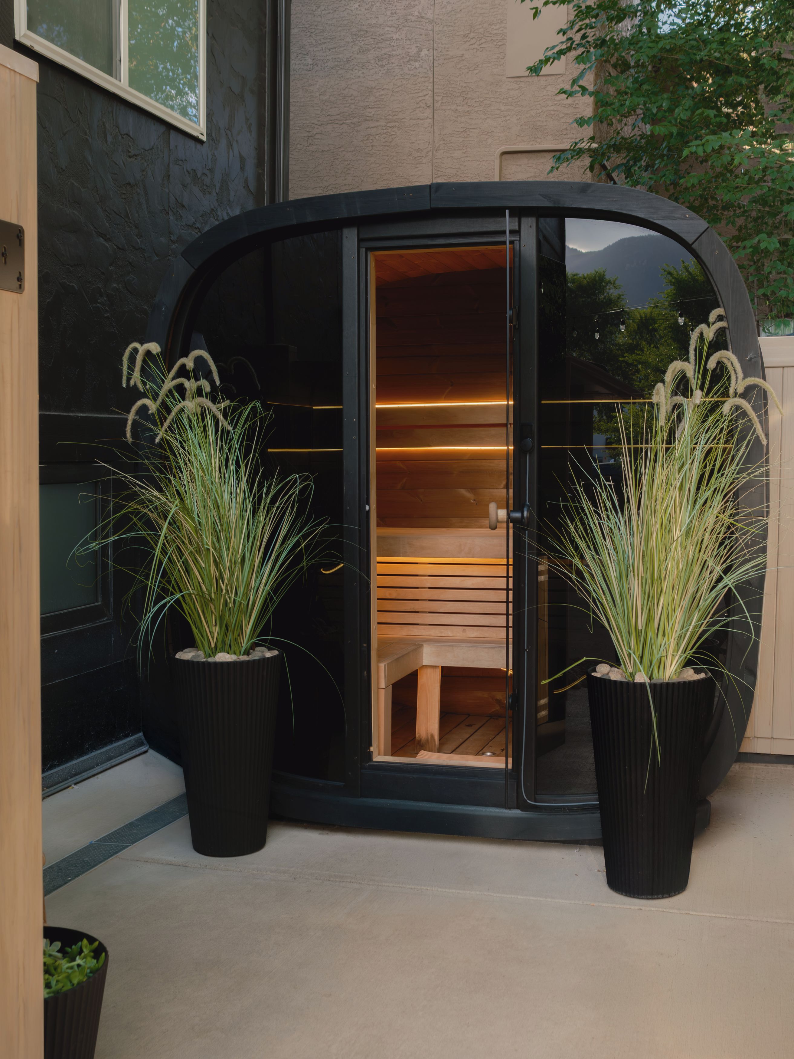 Una estructura moderna y curvada con una puerta corrediza, dos plantas en macetas y un banco en el interior.