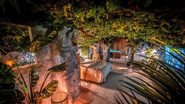 A room with a bed, a small table, and a large window. - Junglecavern - Private spa, unusual accommodation (Albertville)