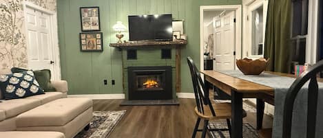 Smart TV, fireplace, books
