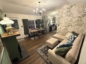 Smart TV, fireplace, books