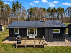 Une petite cabane aux couleurs sombres, avec un toit en métal, une terrasse en bois et une cheminée.
