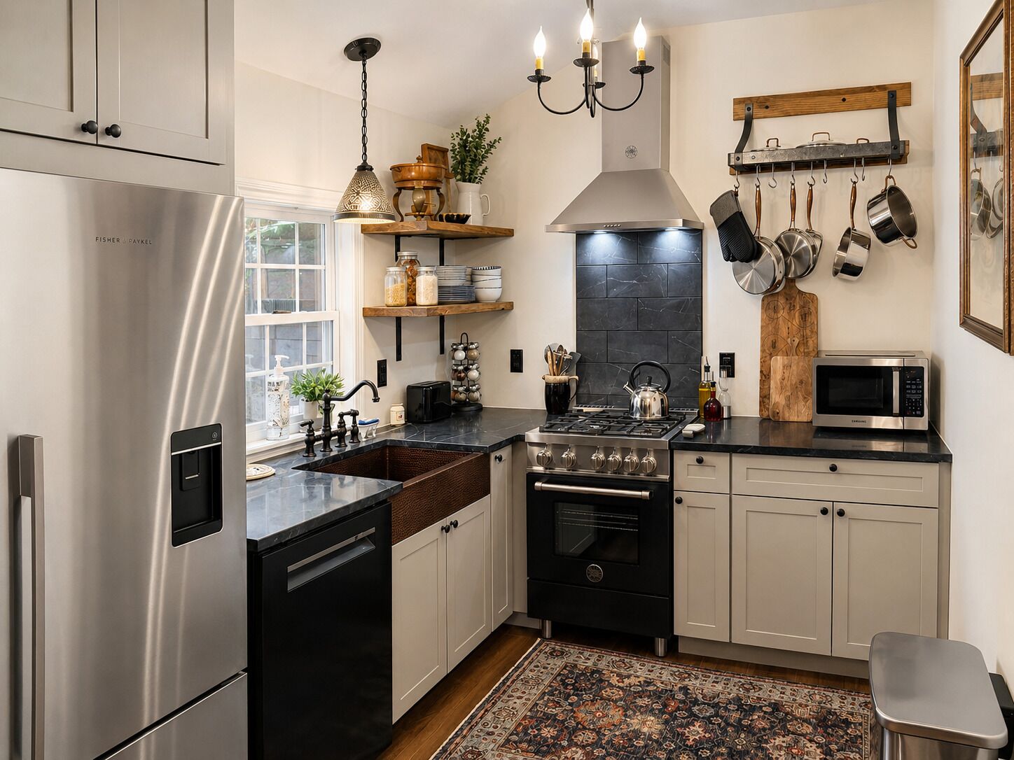 Coffee/tea maker, fridge, microwave, oven