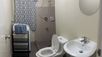 Shower, bidet, towels, soap