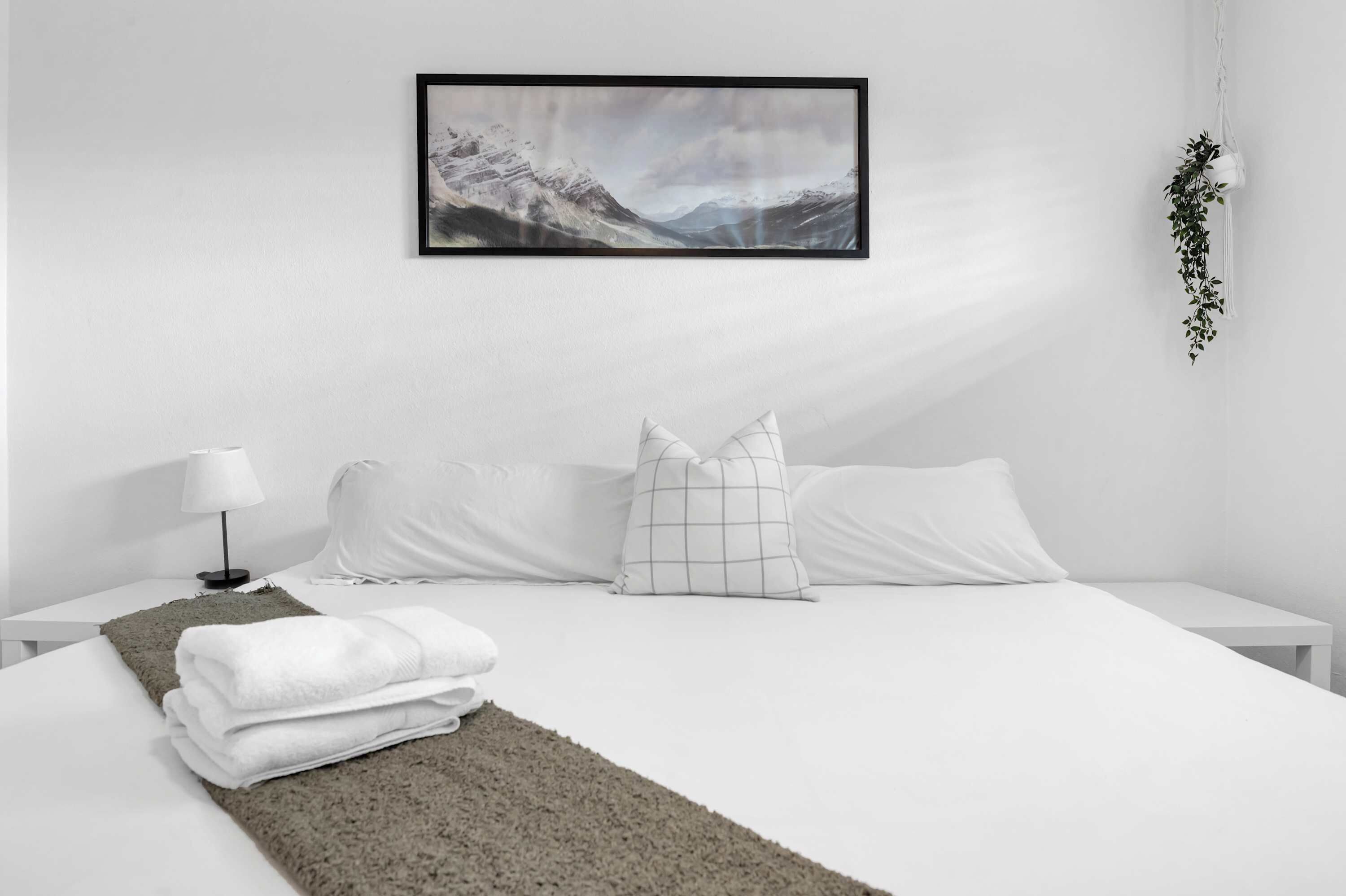 A minimalist hotel room with a bed, white bedding, a framed picture on the wall, a bedside table with a lamp, and a hanging plant.