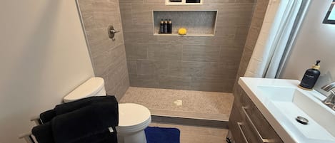Shower, hair dryer, towels, soap