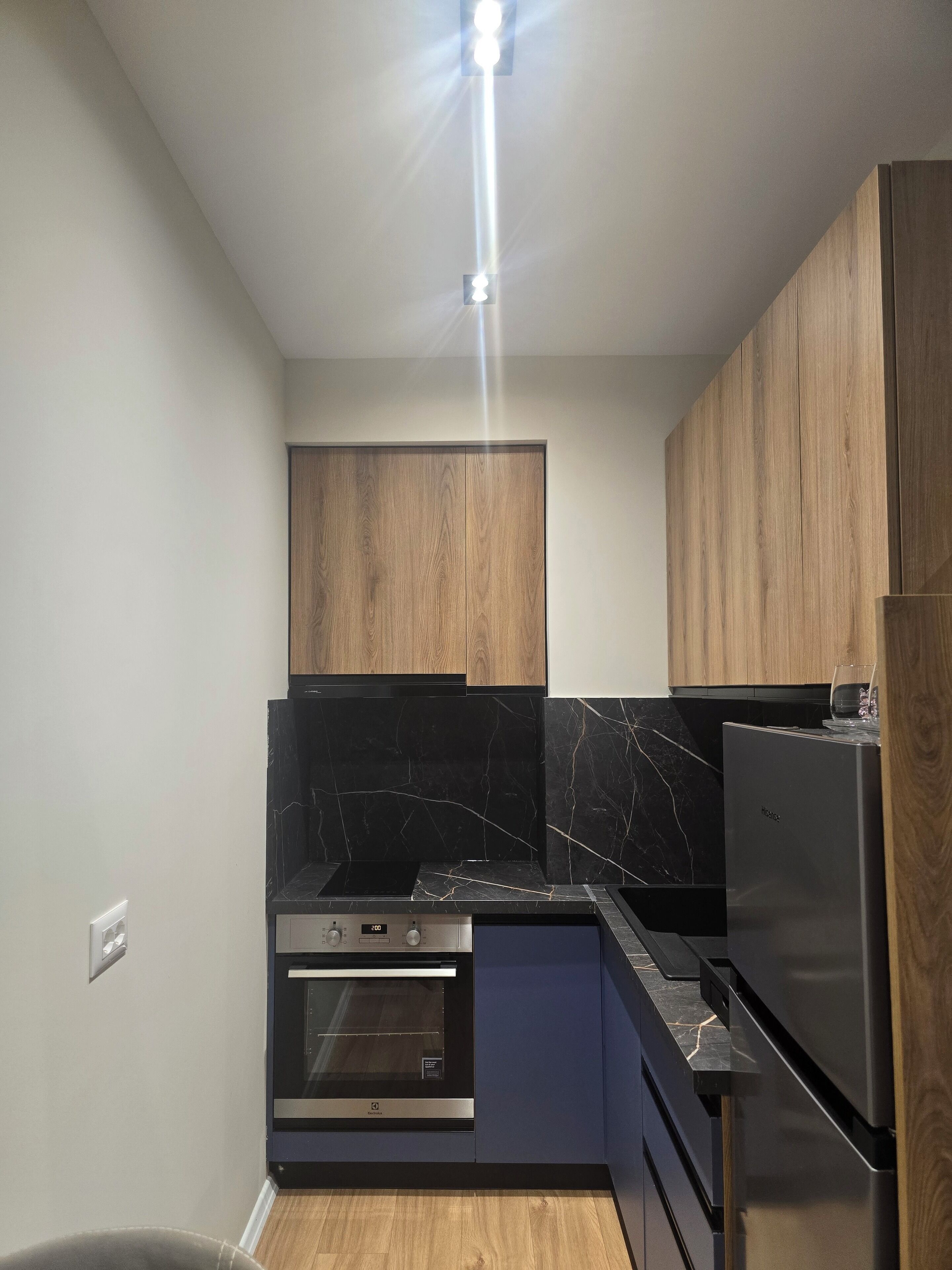 Studio Deluks, balkon, pemandangan kota | Dapur pribadi | Lemari es besar dan peralatan masak/sendok-piring