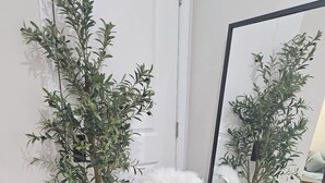 Una habitación con un sillón blanco y mullido, un espejo grande y dos olivos artificiales.