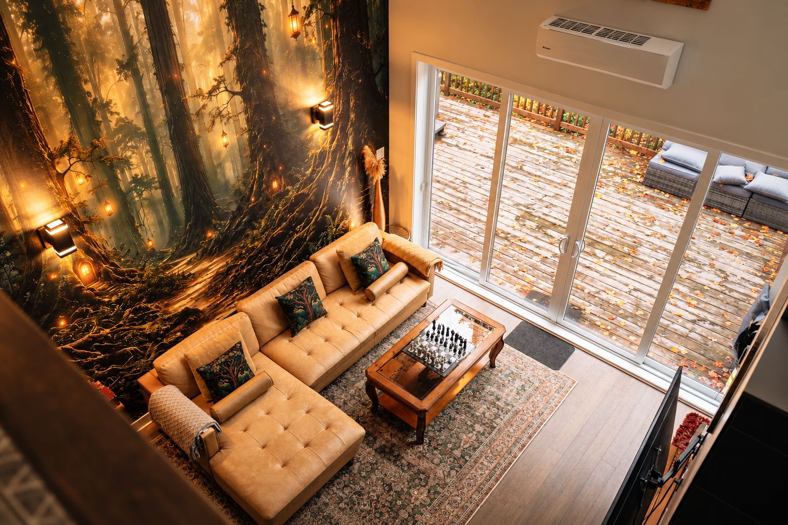 A modern living room with a large sofa, a coffee table, and a view of a wooden deck through large windows.