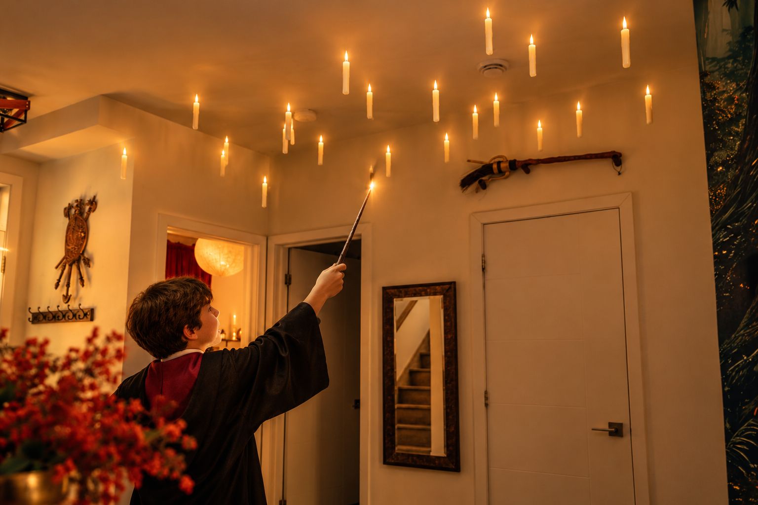 A person casting a wand in a room with multiple lit candles on the ceiling, a mirror, and a door.
