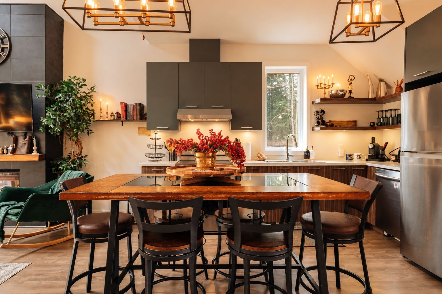 A modern kitchen with a central island, bar stools, and a large window.