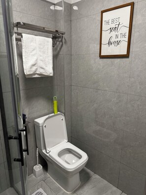 Regadera, toallas, jabón, papel de baño 