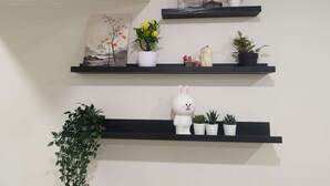 Three black wall-mounted shelves with various decorative items, including plants and figurines. - Newly renovated stylish 3B3B basement suite with full kitchen (Richmond Hill)