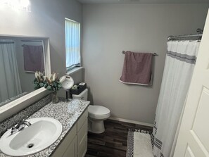Hair dryer, towels, soap, toilet paper - Charming, Clean, and Cozy 3-bedroom house in Wagoner (Wagoner)