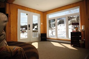 Een kamer met houten wanden, grote ramen, een open haard en uitzicht op een besneeuwd landschap.