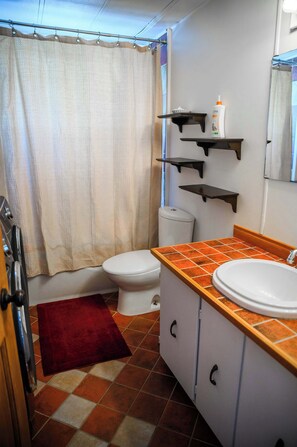 A bathroom with a toilet, sink, and shower curtain. - Double House - Mont-Video (Barraute)